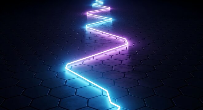 A winding neon light path in blue and pink glows on a dark hexagonal surface - Powered by Adobe