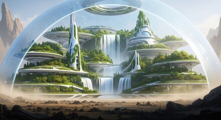 Futuristic eco city with waterfalls inside a giant protective dome, advanced architecture blending greenery and modern technology, sustainable utopia concept