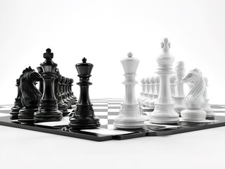 3D ultra-realistic render of a black and white chess board with pieces on it, isolated in the middle of a white background