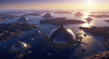 Futuristic domed cities rising from the ocean at sunset, advanced architecture with glowing structures and high-tech design blending with water and mountain landscape