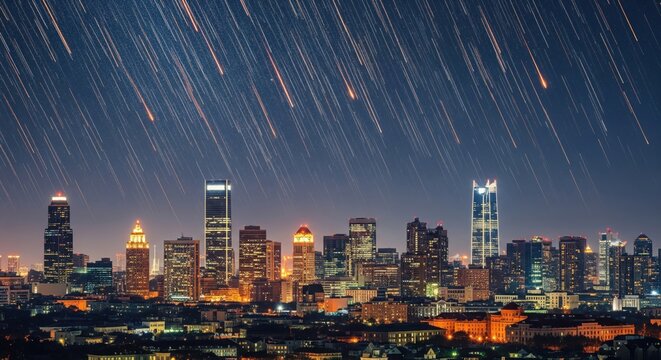 Meteor shower over illuminated city skyline at night, glowing skyscrapers and falling stars creating a breathtaking cosmic scene with urban lights and celestial motion - Powered by Adobe