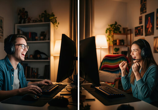 A split-screen image shows a young man and woman celebrating a victory while playing a multiplayer video game online from their separate homes. 