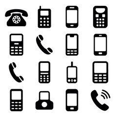 Collection of vintage and modern phone icons representing communication evolution
