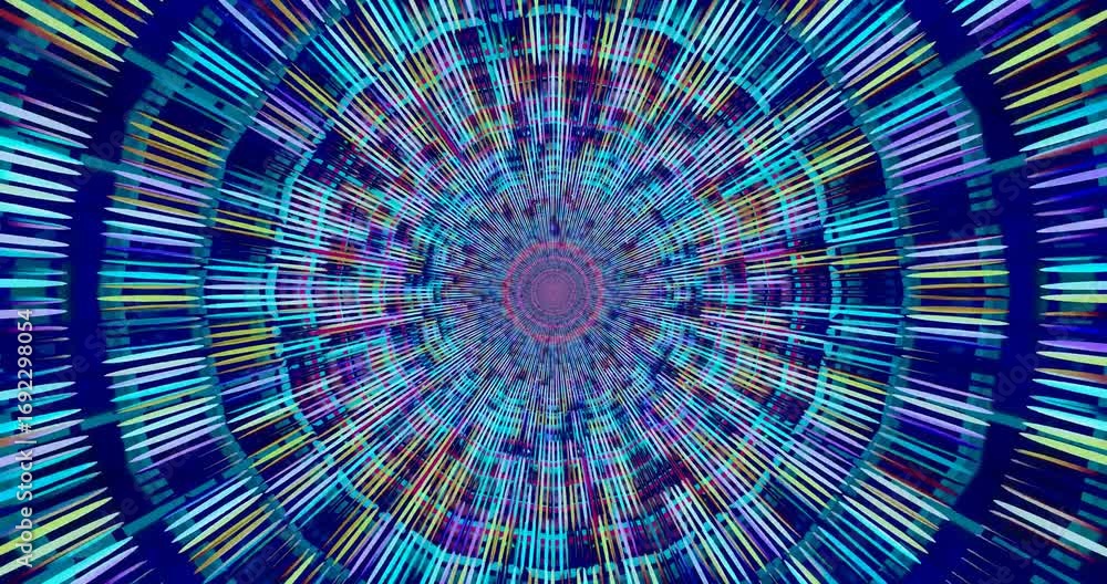 Poster colorful, dynamic patterns emerge and warp in a continuous loop, forming a vibrant tunnel of light a