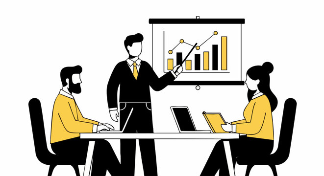 Dynamic business team presenting growth strategy during modern meeting with data visualization