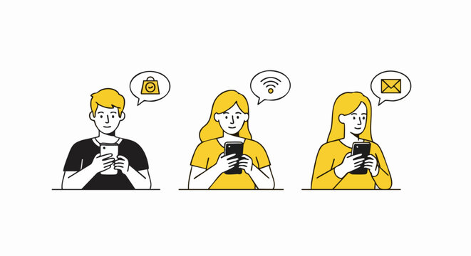 People using smartphones for online shopping, social media, and email communication seamlessly connected