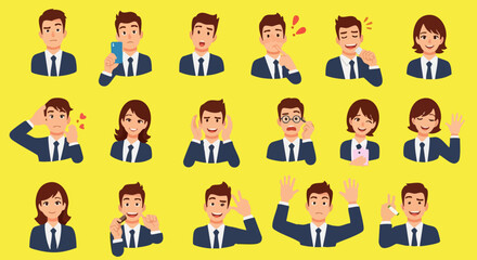 Versatile business cartoon faces expressing diverse emotions for presentations and company training resources