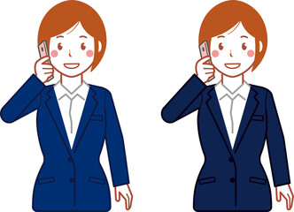 ネイビースーツ、ショートヘアのスマホで電話する若い女性