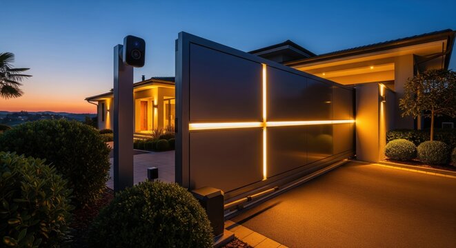 Modern smart home entrance with illuminated automatic gate and security camera at sunset, showcasing luxury architecture, privacy, and advanced home