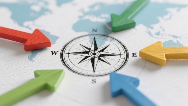 Colorful directional arrows pointing at compass rose on world map symbolizing navigation, decision making and global orientation. - Powered by Adobe