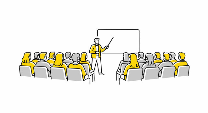 Dynamic presentation with speaker and audience in modern meeting room at conference or workshop for business success