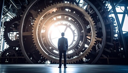 Businessman contemplates large gears