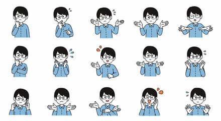 Fototapeta premium Illustrated man with glasses expressing diverse emotions and gestures for presentations or educational resources