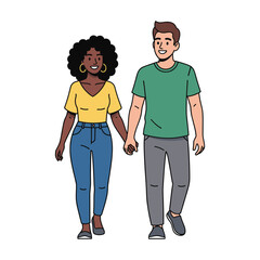 Happy diverse young couple holding hands, walking together, cartoon style.