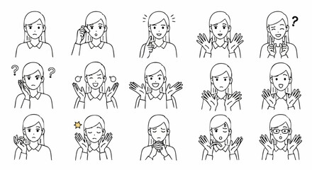 Fototapeta premium Diverse woman expressing emotions and hand gestures, great for educational resources or communication guides