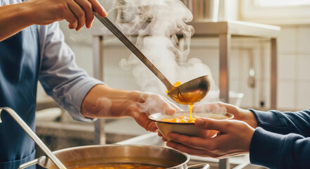 Volunteer hands serving hot soup to a homeless person in a charity soup kitchen for support