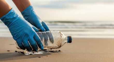 Volunteer hands in gloves cleaning a beach by picking up a plastic bottle from the sand
