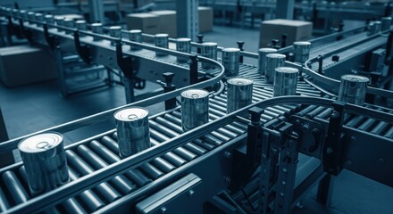 Fototapeta premium Automated food can production line. Conveyor belts carry metal cans through a food processing facility. Boxes are visible in the background