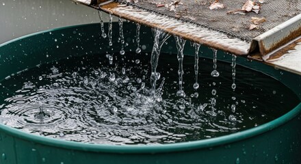 Close-up of rainwater dripping from a rusty gutter into a green barrel with splashes and ripples, illustrating water conservation, sustainability, and natural rain harvesting.