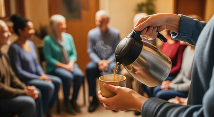 Volunteer's hands pouring coffee for a support group meeting in a community center