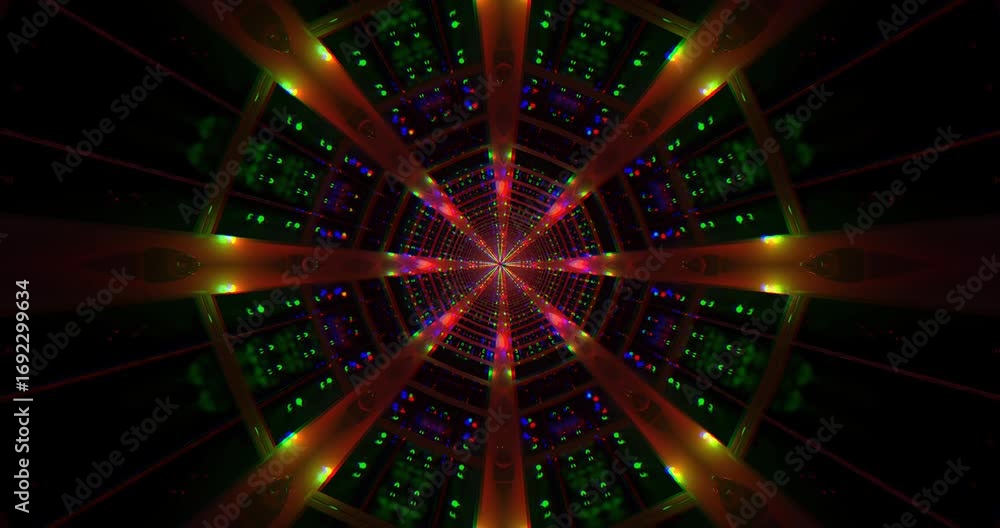 Poster dynamic neon lights travel through a spiraling tunnel in an endless loop, creating a mesmerizing vis