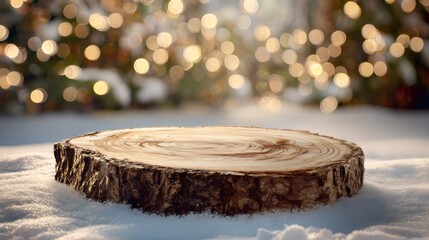 Empty wooden log showing growth rings on snowy ground with christmas tree background