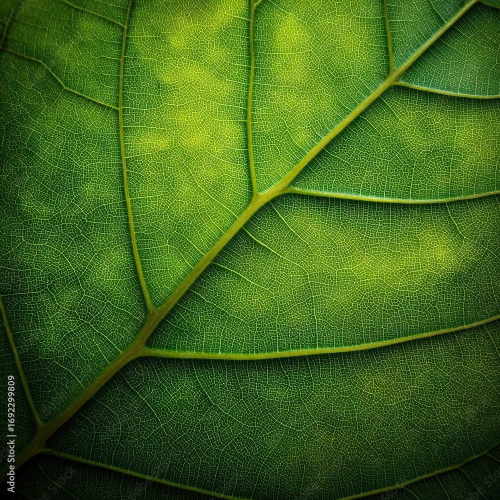 Poster a close-up of a green leaf showing intricate vein patterns and vibrant textures.