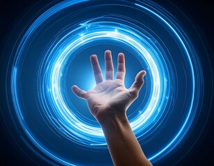 A hand reaching into a glowing, swirling blue energy vortex
