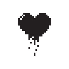 Fototapeta premium Pixel art dripping heart icon. 8-bit retro video game style melting black love symbol. Broken heart, sadness or digital glitch concept isolated on white background. 