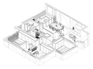 Black and white apartment floor plan wireframe drawing with detailed furniture layout including tables and chairs on a white background. Isometric view. 3D. Vector illustration