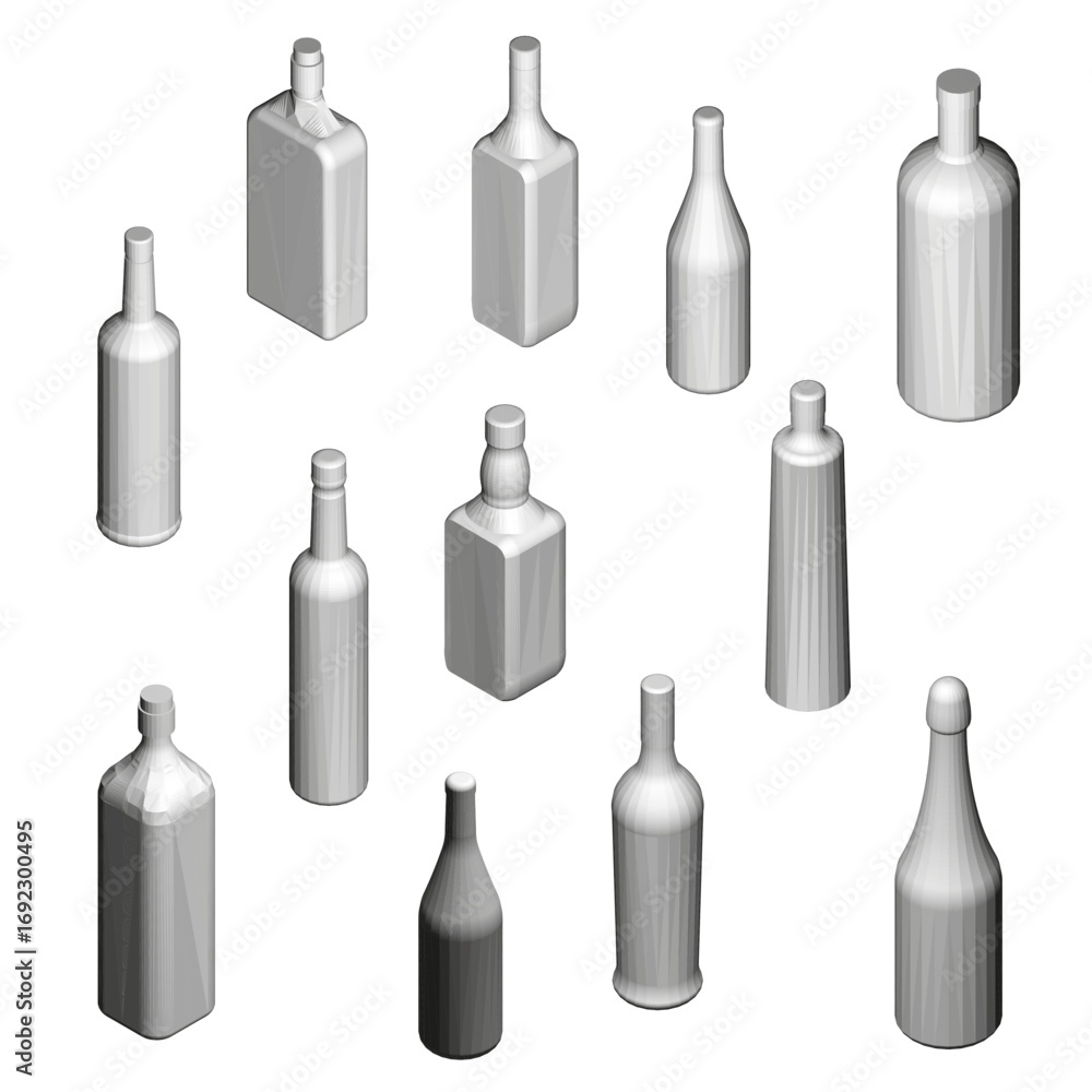 Poster polygonal bottles in a dynamic pack arrangement, animated and isolated on a clean white background. 