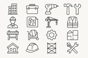 Construction and Building Icons Set – Tools, Helmet, Crane, Architecture Plans