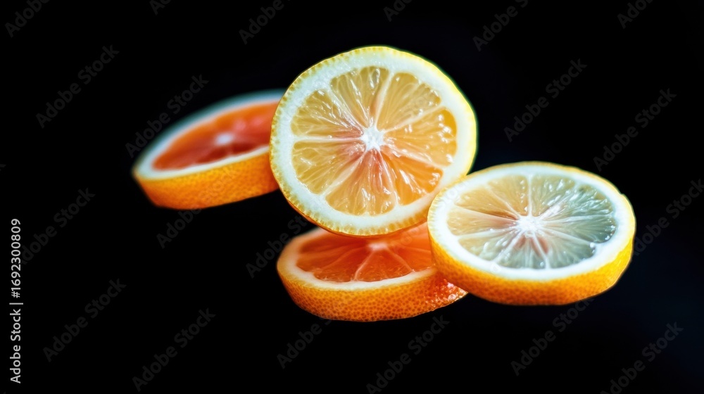 Poster fresh citrus slices floating against a dark background in a vibrant display