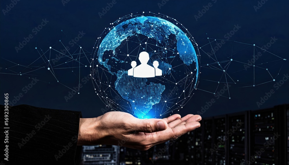 Poster a hand holds a glowing globe symbolizing connectivity and technology, with abstract connections repr
