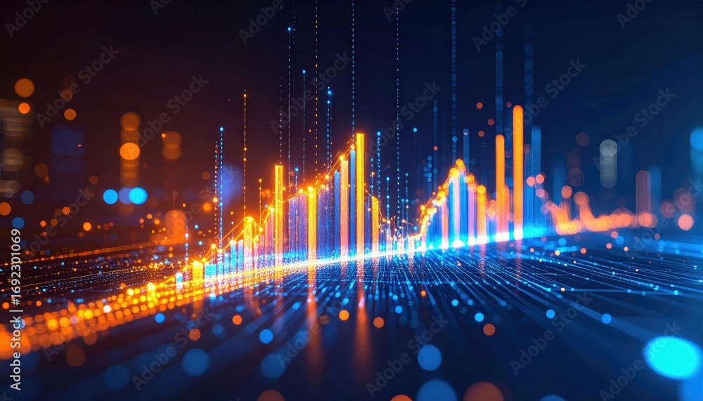 Poster a vibrant digital visualization of data trends, featuring glowing lines and dots in blue and orange 