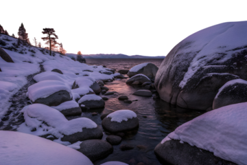 Snowy lake tahoe landscape at sunset with large boulders isolated on transparent background
