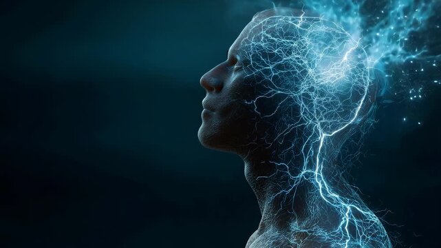 Conceptual silhouette showing gut glowing particles connected to brain via electric current, enteric nervous system sci-tech dramatic neon blue teal, deepfake detection