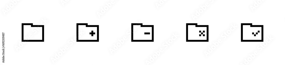 Poster folder icons, pixel art folder symbol set with plus minus cross and check, retro 8-bit file director
