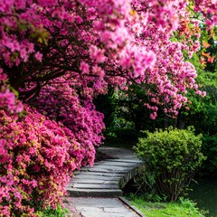 Fototapeta premium Pink blossoms arch over a wooden path