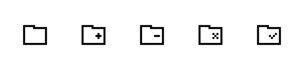 Folder icons, Pixel art folder symbol set with plus minus cross and check, Retro 8-bit file directory icons, Pixelated computer storage graphics, Old school digital file management signs, Classic pixe