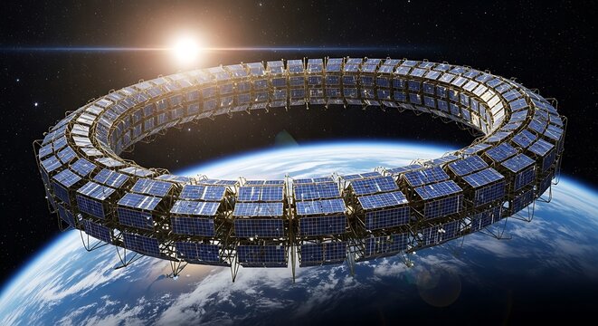 Orbital Habitat Ring Around Earth with Sun Glare. - Powered by Adobe