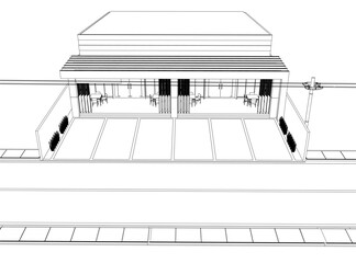 Obraz premium A black and white contour drawing of a multi-windowed building on a street, surrounded by lush plants and a utility pole.