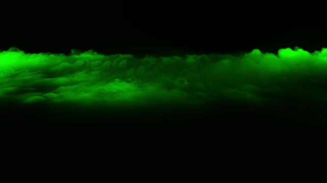 Cinematic flight through thick, rolling green clouds or toxic fog, unnatural landscape for sci-fi, fantasy, or magical scenes