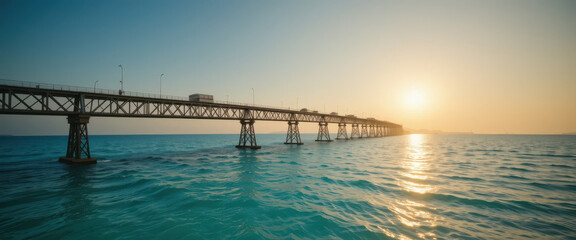 Fototapeta premium Sunset reflection on pier over ocean water tranquil seascape aerial view relaxation concept