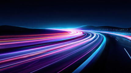 long exposure light trails along futuristic highway curving into night horizon blue and purple tones dynamic motion illustration concept scene visual for commercial design use high detail quality stoc