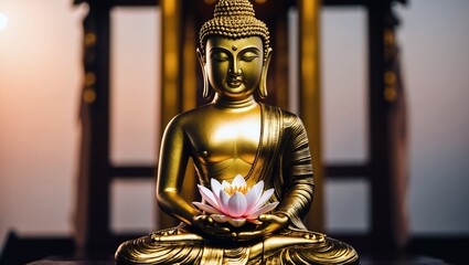 Golden Buddha Statue with Lotus Flower