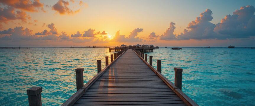 Serene sunset walk tropical dock digital photography coastal environment wide angle tranquil vibes