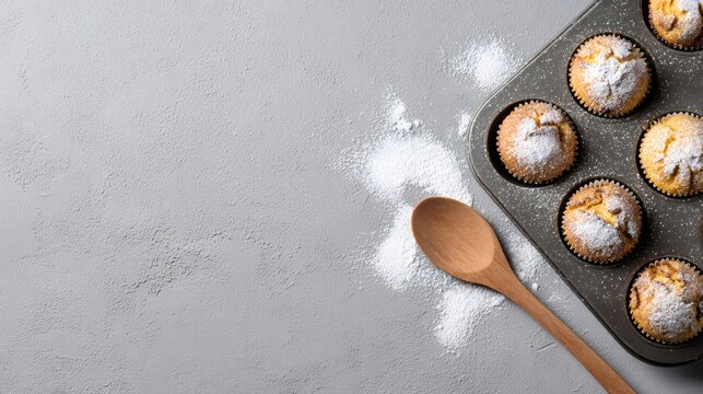 Delicious golden muffins with powdered sugar in baking pan and wooden spoon on gray background