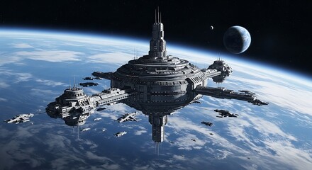 Futuristic Space Station Orbiting Earth with Shuttlecrafts and Distant Moon.
