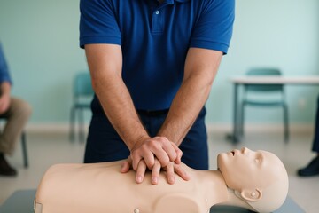 Man learns life-saving CPR techniques, practicing chest compressions on a mannequin during crucial first aid training for emergency preparedness